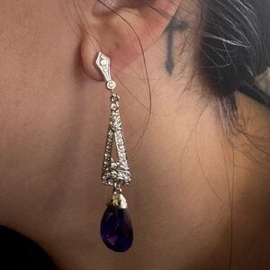 Rare! Nolan Miller Silver Tone Purple Topaz Rhinestone Dangle Earrings